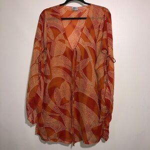 PREOWNED YBL Orange Patterned Tunic COVER UP open from and sleeves with ties